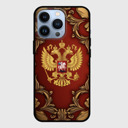 Чехол для iPhone 13 Pro Золотой герб России на красном фоне лепнина