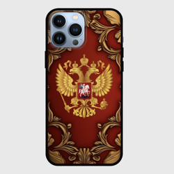 Чехол для iPhone 13 Pro Max Золотой герб России на красном фоне лепнина