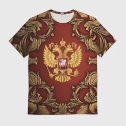 Мужская футболка 3D Золотой герб России на красном фоне лепнина