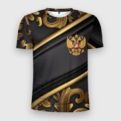 Мужская футболка 3D Slim Золотой герб России на черном фоне лепнина