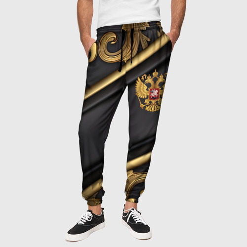 Мужские брюки 3D Золотой герб России на черном фоне лепнина, цвет 3D печать - фото 4