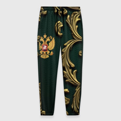 Мужские брюки 3D Золотой герб России на темном зеленом фоне лепнина