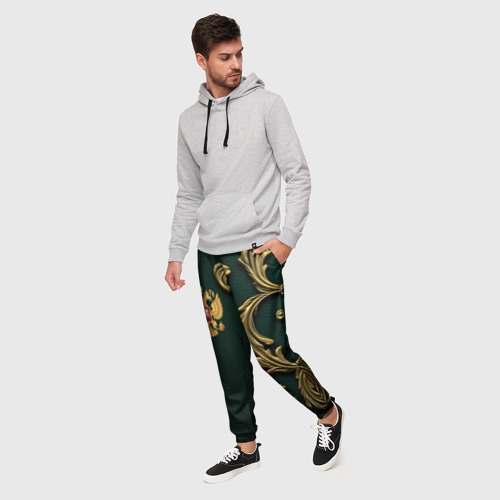 Мужские брюки 3D Золотой герб России на темном зеленом фоне лепнина, цвет 3D печать - фото 3