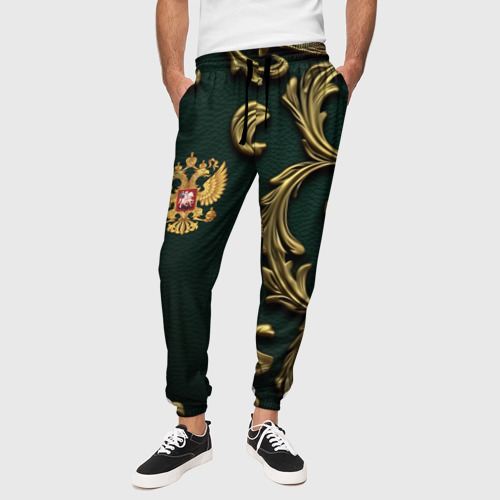 Мужские брюки 3D Золотой герб России на темном зеленом фоне лепнина, цвет 3D печать - фото 4