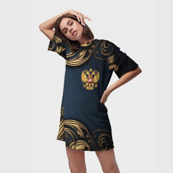 Платье-футболка 3D Золотой герб России на темном синем  фоне лепнина - фото 2