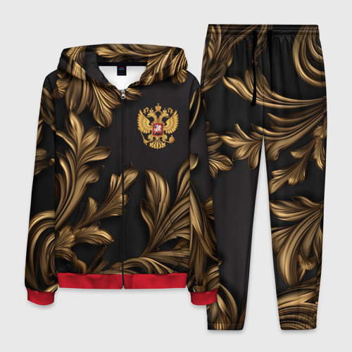 Мужской 3D костюм с принтом Золотой герб России и узоры из листьев, вид спереди #2