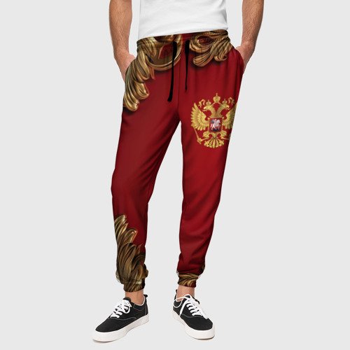 Мужские брюки 3D Золотой герб России лепнина красный фон, цвет 3D печать - фото 4