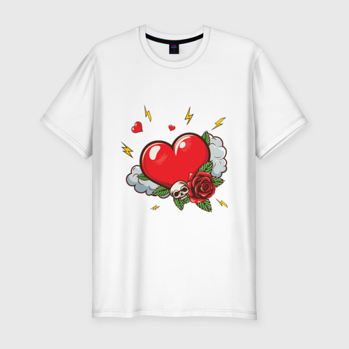 Мужская футболка хлопок Slim с принтом Сердце с розой и черепом, вид спереди #2