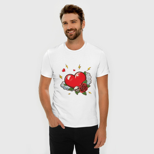 Мужская футболка хлопок Slim с принтом Сердце с розой и черепом, фото на моделе #1