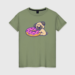 Бульдог с пончиком – Женская футболка хлопок с принтом купить со скидкой в -20%
