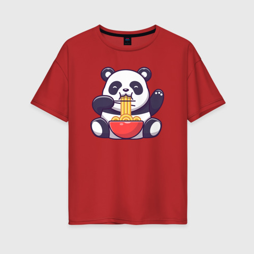 Женская футболка хлопок Oversize с принтом Панда ест лапшу, вид спереди #2
