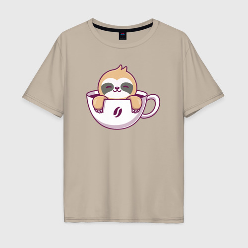 Мужская футболка хлопок Oversize с принтом Кофейный ленивец, вид спереди #2