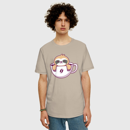Мужская футболка хлопок Oversize с принтом Кофейный ленивец, фото на моделе #1