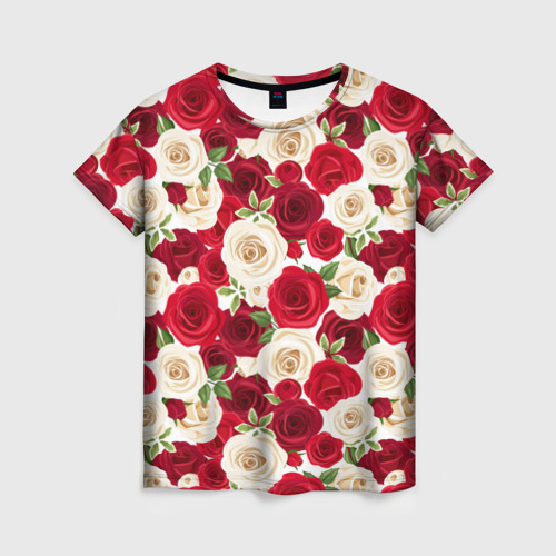 Женская футболка 3D с принтом Фон с красными и белыми розами, вид спереди #2