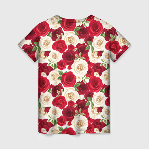 Женская футболка 3D с принтом Фон с красными и белыми розами, вид сзади #1