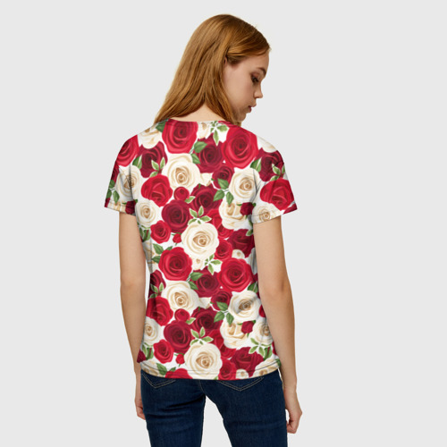 Женская футболка 3D с принтом Фон с красными и белыми розами, вид сзади #2