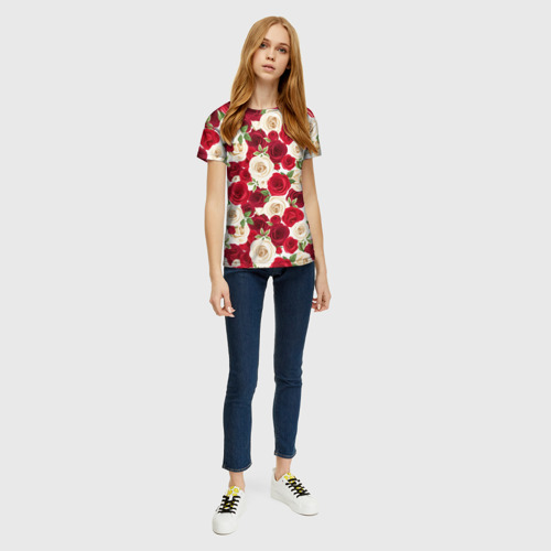 Женская футболка 3D с принтом Фон с красными и белыми розами, вид сбоку #3