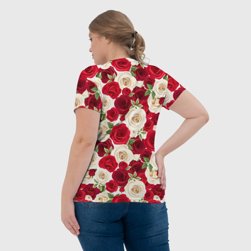 Женская футболка 3D с принтом Фон с красными и белыми розами, вид сзади #2