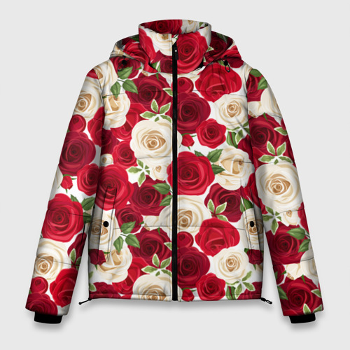 Мужская зимняя куртка 3D с принтом Фон с красными и белыми розами, вид спереди #2