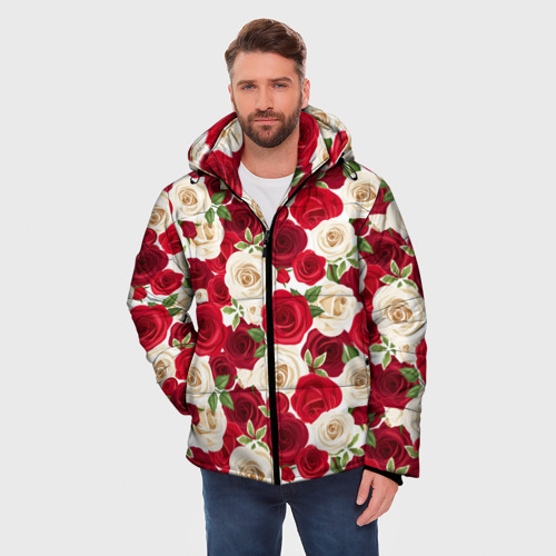 Мужская зимняя куртка 3D с принтом Фон с красными и белыми розами, фото на моделе #1