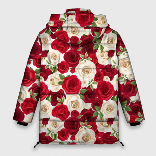 Женская зимняя куртка 3D с принтом Фон с красными и белыми розами, вид сзади #1