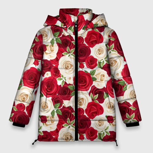 Женская зимняя куртка 3D с принтом Фон с красными и белыми розами, вид спереди #2
