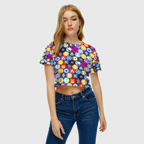 Женская футболка Crop-top 3D Криптовалюта Биткоин, Эфириум, Тетхер, Солана паттерн, цвет 3D печать - фото 4