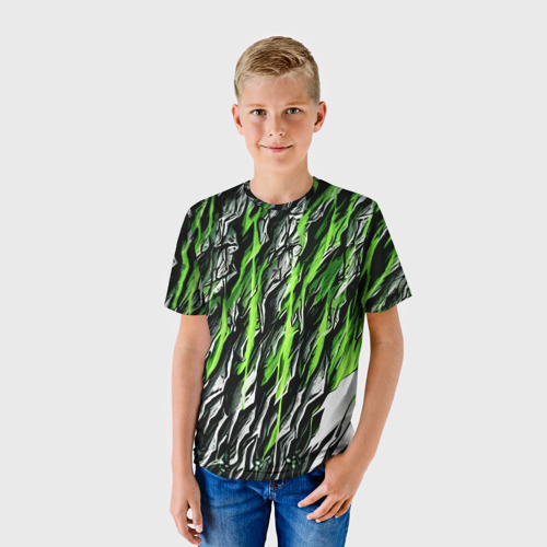 Детская футболка 3D с принтом Камень и зелёные полосы, фото на моделе #1
