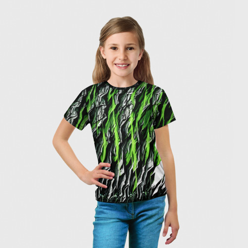 Детская футболка 3D с принтом Камень и зелёные полосы, вид сбоку #3