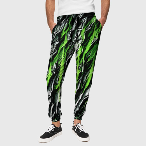 Мужские брюки 3D с принтом Камень и зелёные полосы, вид сбоку #3