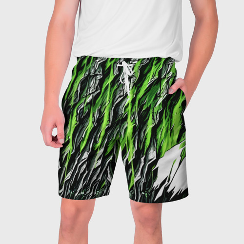 Мужские шорты 3D с принтом Камень и зелёные полосы, вид спереди #2