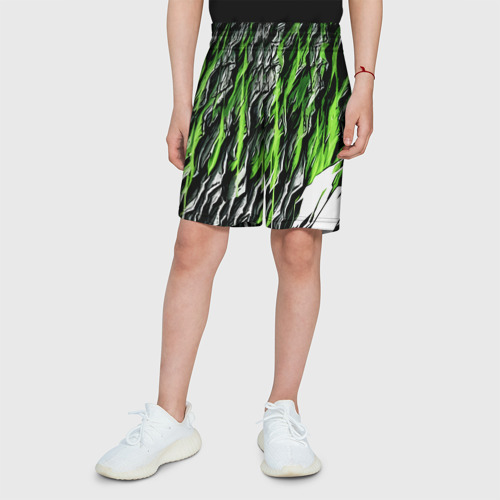Детские спортивные шорты 3D с принтом Камень и зелёные полосы, вид сбоку #3