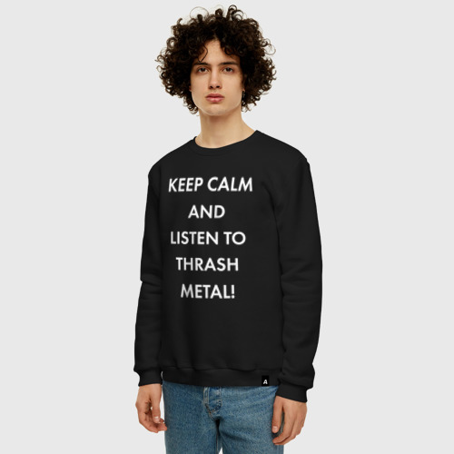 Мужской свитшот хлопок Надпись Keep calm and listen to thash metal, цвет черный - фото 3