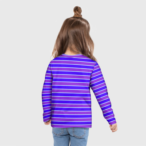 Детский лонгслив 3D с принтом Неоновые полосы фиолетовые и синие, вид сзади #2