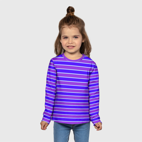 Детский лонгслив 3D с принтом Неоновые полосы фиолетовые и синие, вид сбоку #3