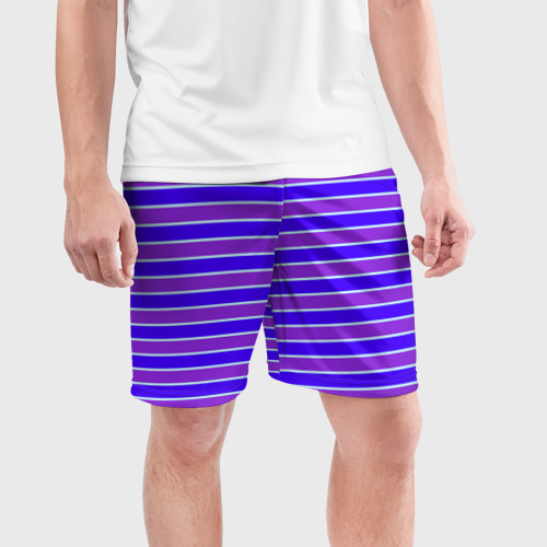 Мужские шорты спортивные с принтом Неоновые полосы фиолетовые и синие, фото на моделе #1