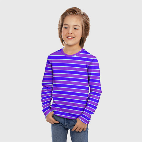 Детский лонгслив 3D с принтом Неоновые полосы фиолетовые и синие, фото на моделе #1