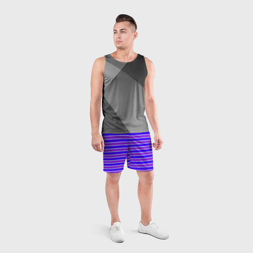 Мужские шорты спортивные с принтом Неоновые полосы фиолетовые и синие, вид сбоку #3