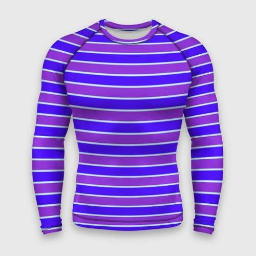 Мужской рашгард 3D с принтом Неоновые полосы фиолетовые и синие, вид спереди #2
