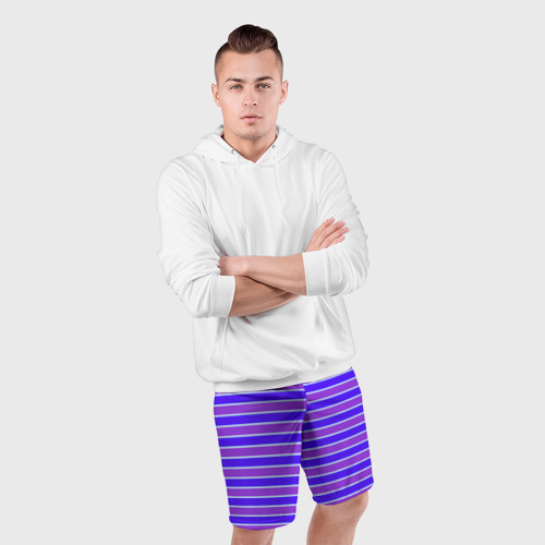 Мужские шорты спортивные с принтом Неоновые полосы фиолетовые и синие, фото #4