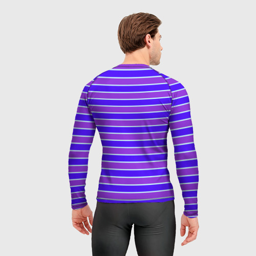 Мужской рашгард 3D с принтом Неоновые полосы фиолетовые и синие, вид сзади #2