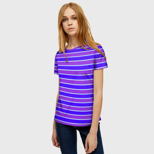 Женская футболка 3D с принтом Неоновые полосы фиолетовые и синие, фото на моделе #1