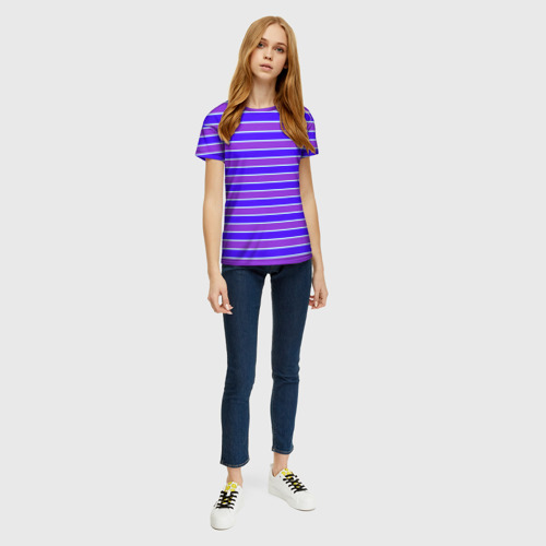 Женская футболка 3D с принтом Неоновые полосы фиолетовые и синие, вид сбоку #3