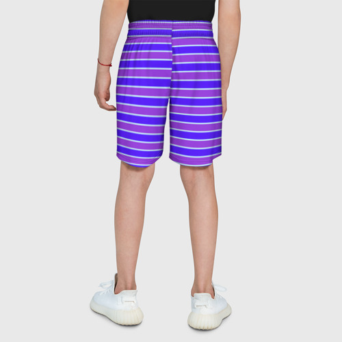 Детские спортивные шорты 3D с принтом Неоновые полосы фиолетовые и синие, вид сзади #2