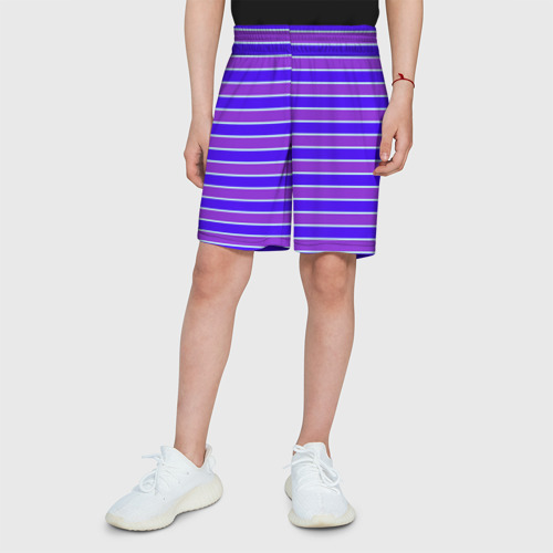 Детские спортивные шорты 3D с принтом Неоновые полосы фиолетовые и синие, вид сбоку #3