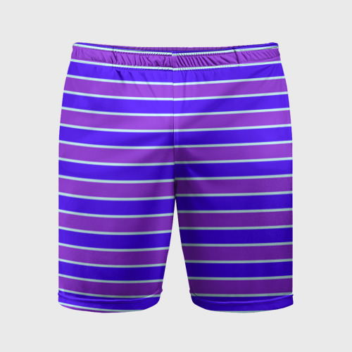 Мужские шорты спортивные с принтом Неоновые полосы фиолетовые и синие, вид спереди #2