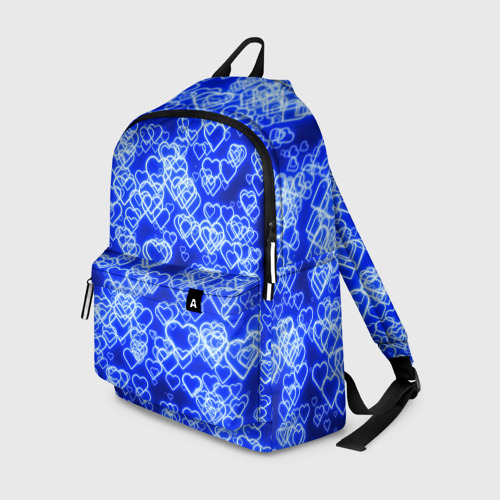 Рюкзак 3D с принтом Неоновые сердечки синие, вид спереди #2