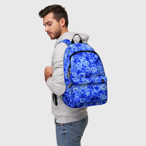 Рюкзак 3D с принтом Неоновые сердечки синие, фото на моделе #1
