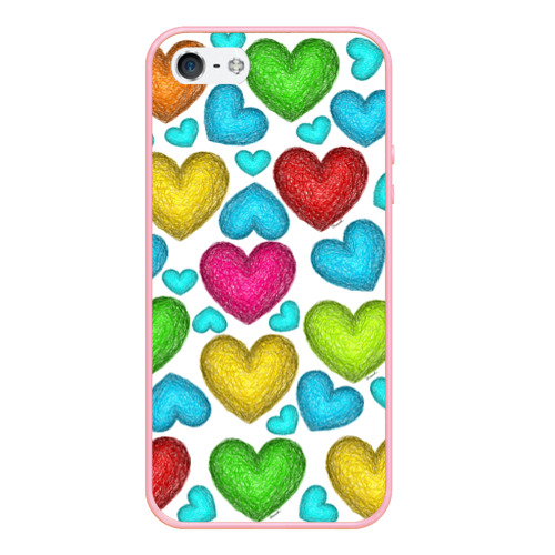 Чехол для iPhone 5/5S матовый Сердца нарисованные цветными карандашами, цвет баблгам