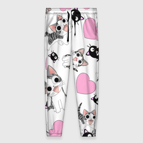 Женские брюки 3D с принтом Влюблённый котик аниме и сердечки, вид спереди #2